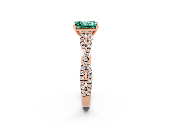 Rose gold Princess Cut Green Sapphire Solitaire Engagement Ring with Twisted Pavé Band and Four-Prong Setting