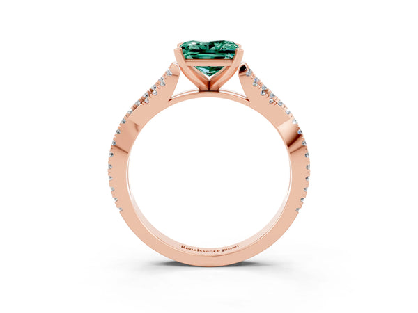 Rose gold Princess Cut Green Sapphire Solitaire Engagement Ring with Twisted Pavé Band and Four-Prong Setting
