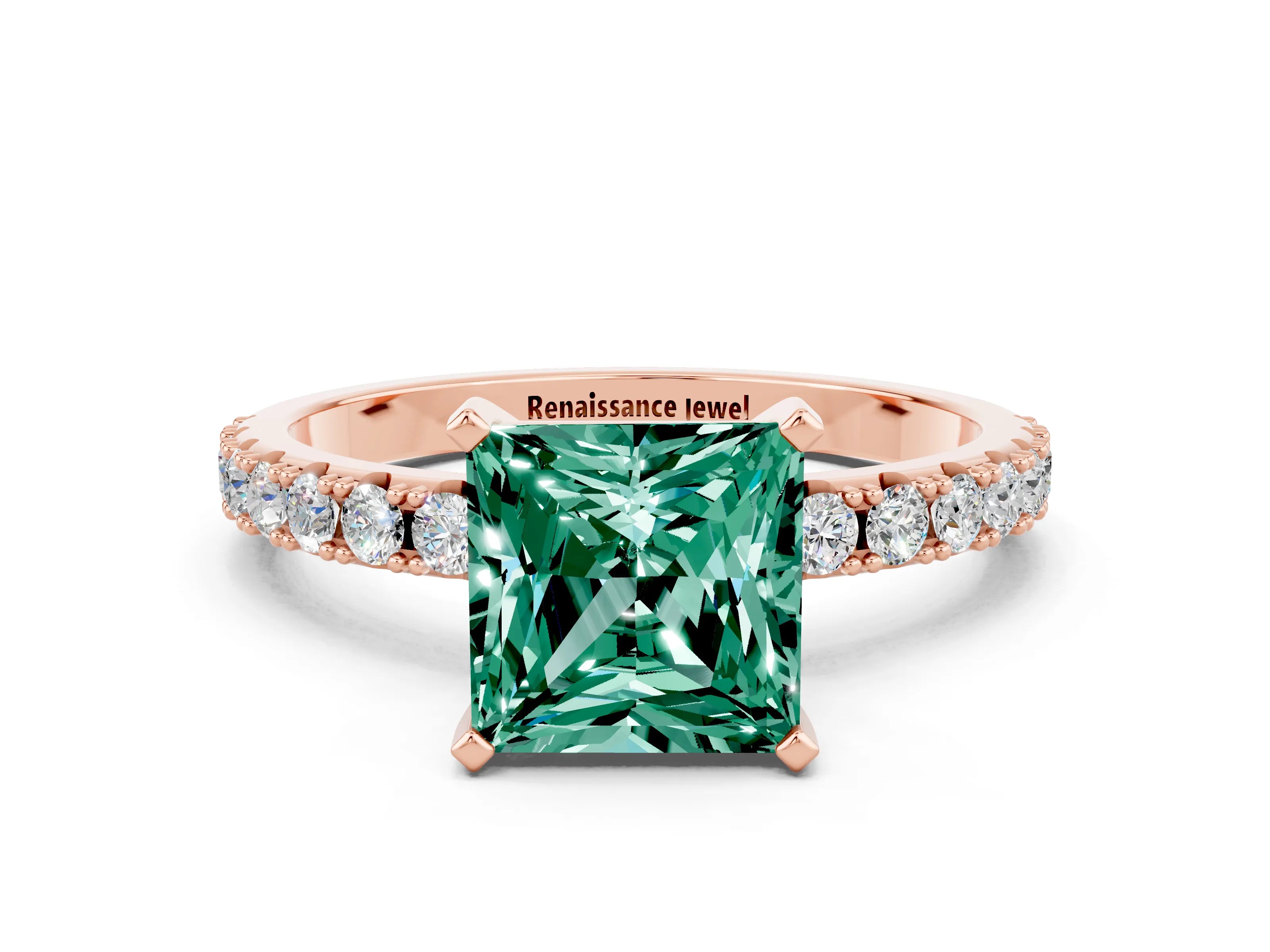 Rose gold Princess Cut Green Sapphire Solitaire Pavé Band with Four-Prong Setting