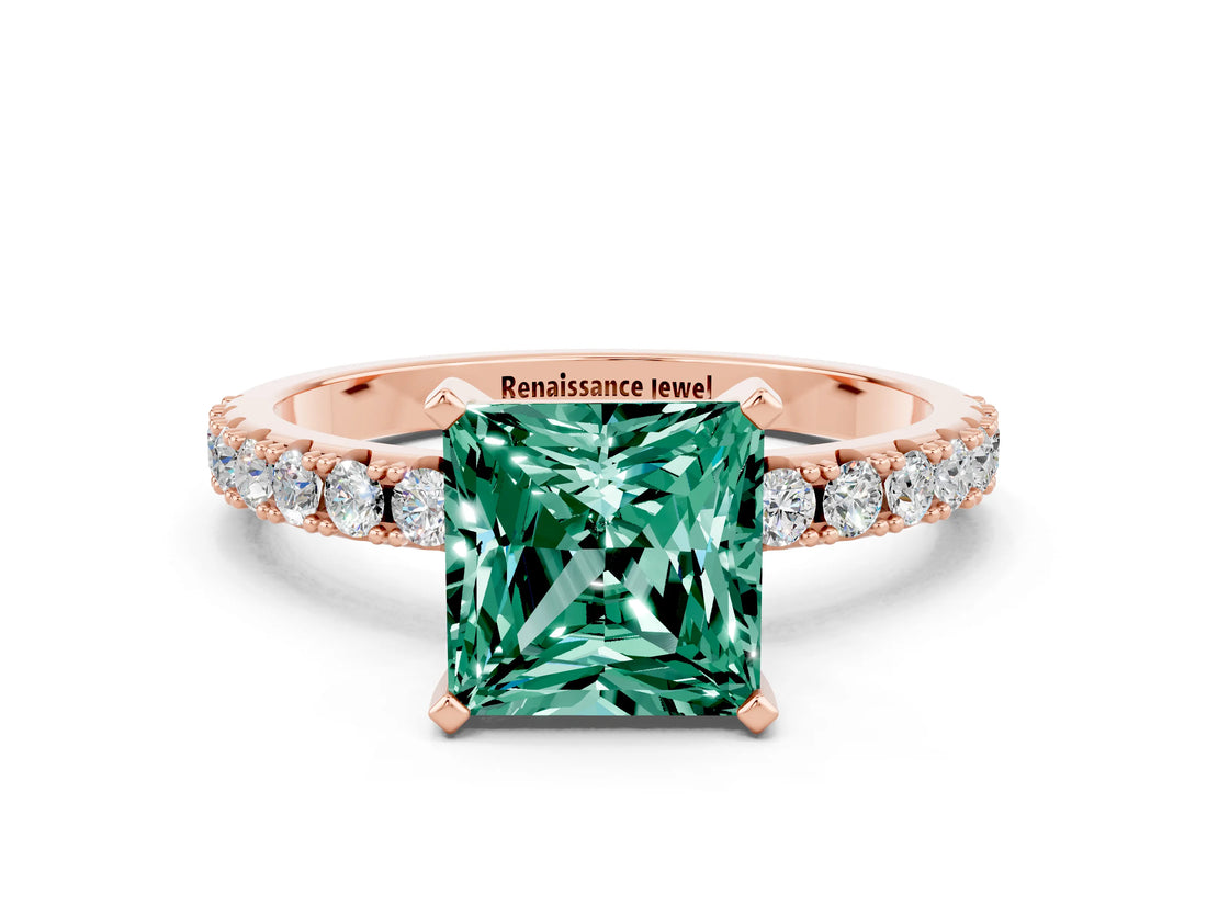 Rose gold Princess Cut Green Sapphire Solitaire Pavé Band with Four-Prong Setting