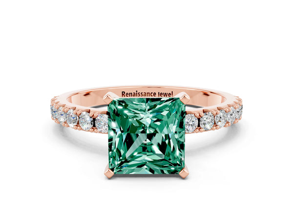 Rose gold Princess Cut Green Sapphire Solitaire Pavé Band with Four-Prong Setting