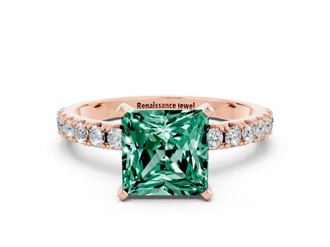 Rose gold Princess Cut Green Sapphire Solitaire Pavé Band with Four-Prong Setting