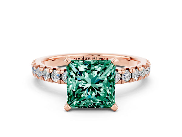 Rose gold Princess Cut Green Sapphire Solitaire Pavé Engagement Ring with Round Band and Prong Setting