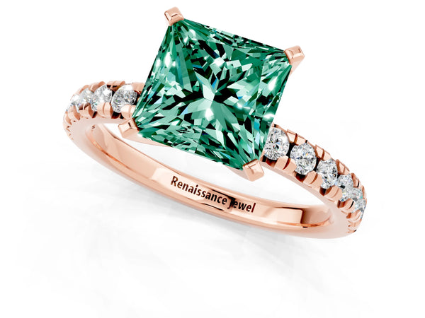 Rose gold Princess Cut Green Sapphire Solitaire Pavé Engagement Ring with Round Band and Prong Setting