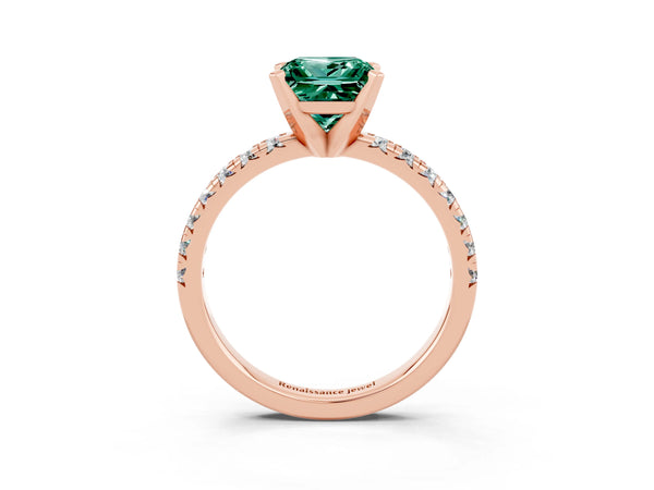 Rose gold Princess Cut Green Sapphire Solitaire Pavé Engagement Ring with Round Band and Prong Setting