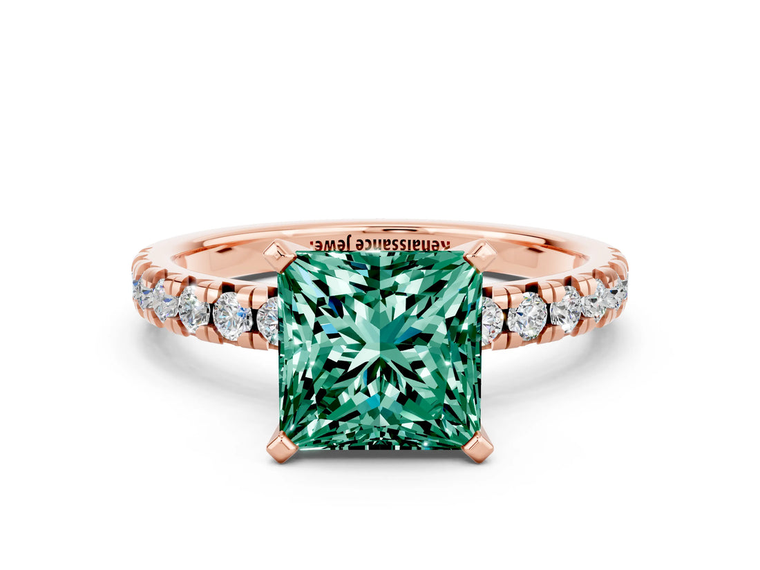 Rose gold Princess Cut Green Sapphire Solitaire Pavé Engagement Ring with Round Band and Prong Setting_73