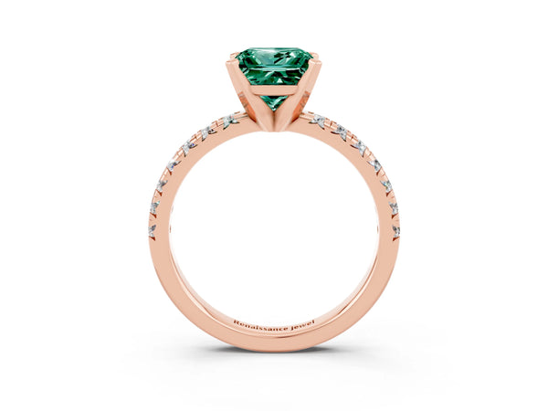 Rose gold Princess Cut Green Sapphire Solitaire Pavé Engagement Ring with Round Band and Prong Setting