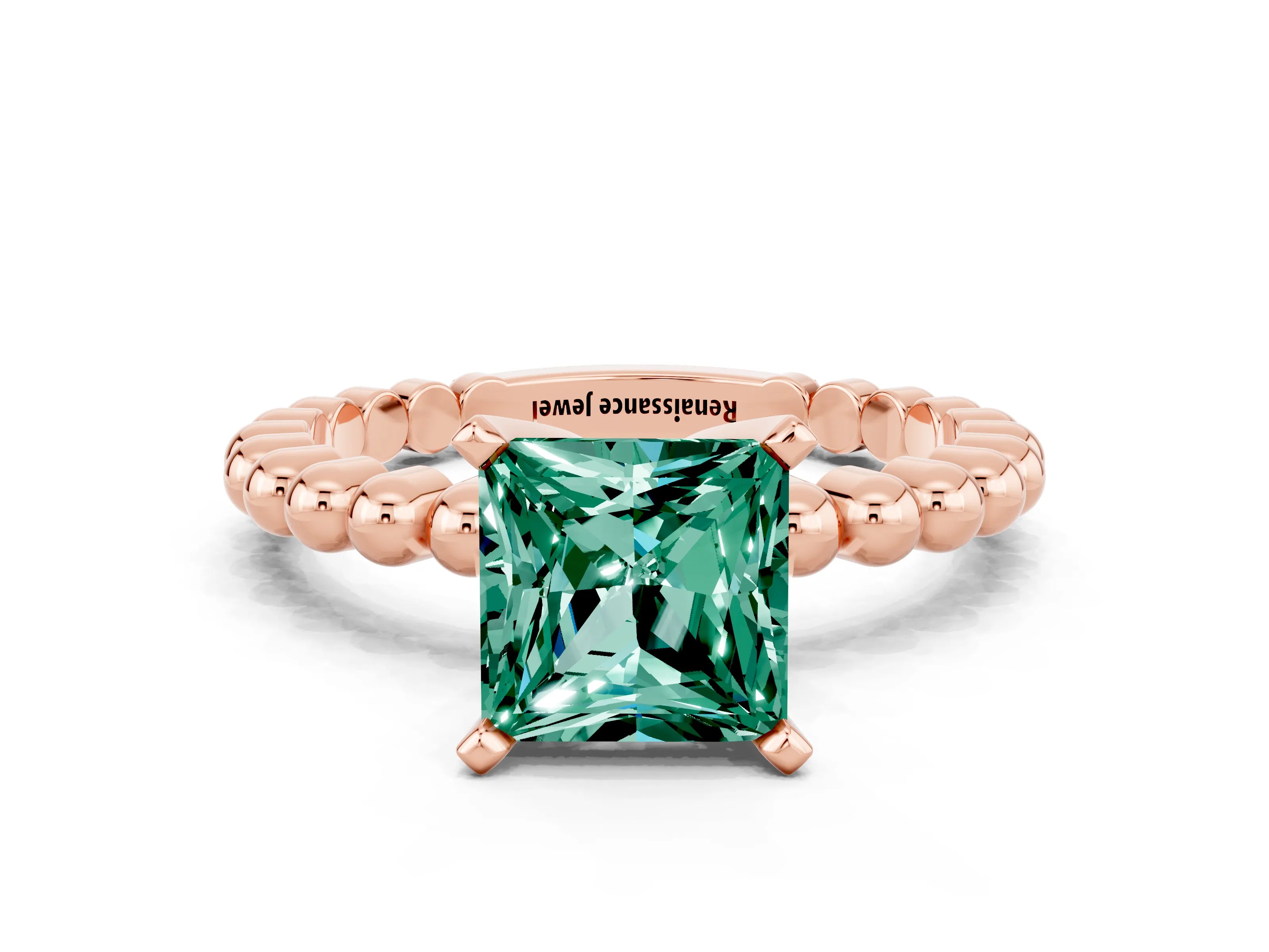 Rose gold Princess Cut Green Sapphire Solitaire Ring with Beaded Band and Prong Setting