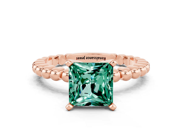 Rose gold Princess Cut Green Sapphire Solitaire Ring with Beaded Band and Prong Setting
