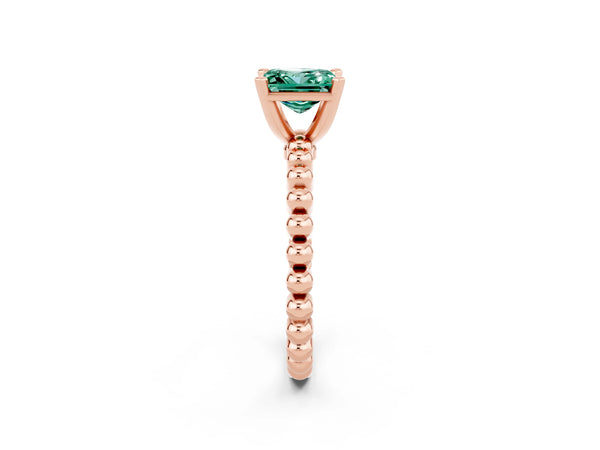 Rose gold Princess Cut Green Sapphire Solitaire Ring with Beaded Band and Prong Setting