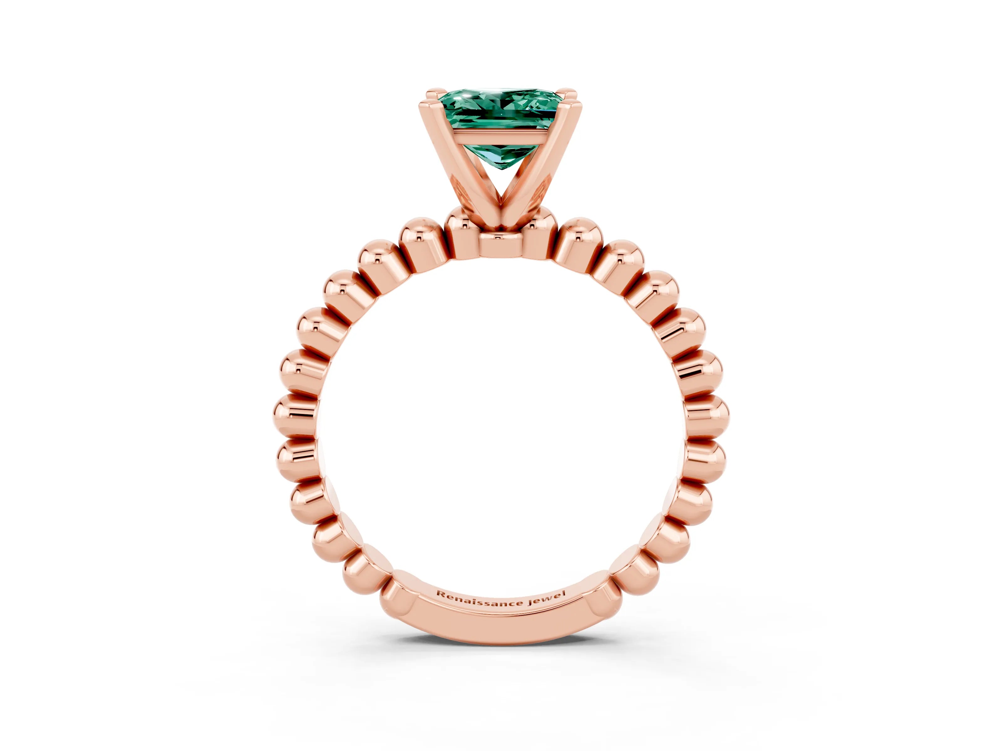 Rose gold Princess Cut Green Sapphire Solitaire Ring with Beaded Band and Prong Setting_3