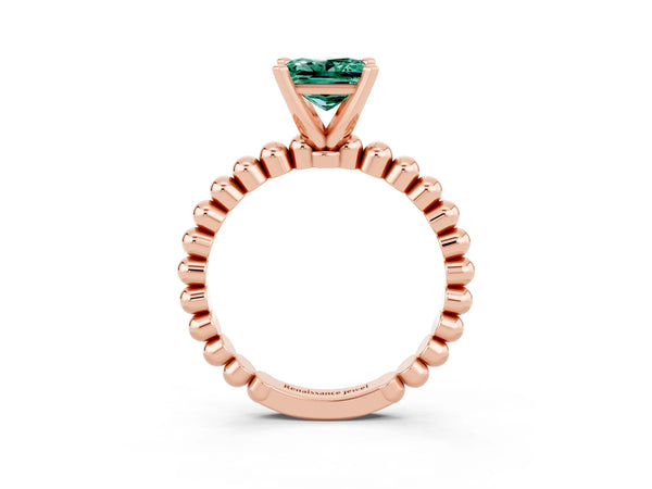 Rose gold Princess Cut Green Sapphire Solitaire Ring with Beaded Band and Prong Setting