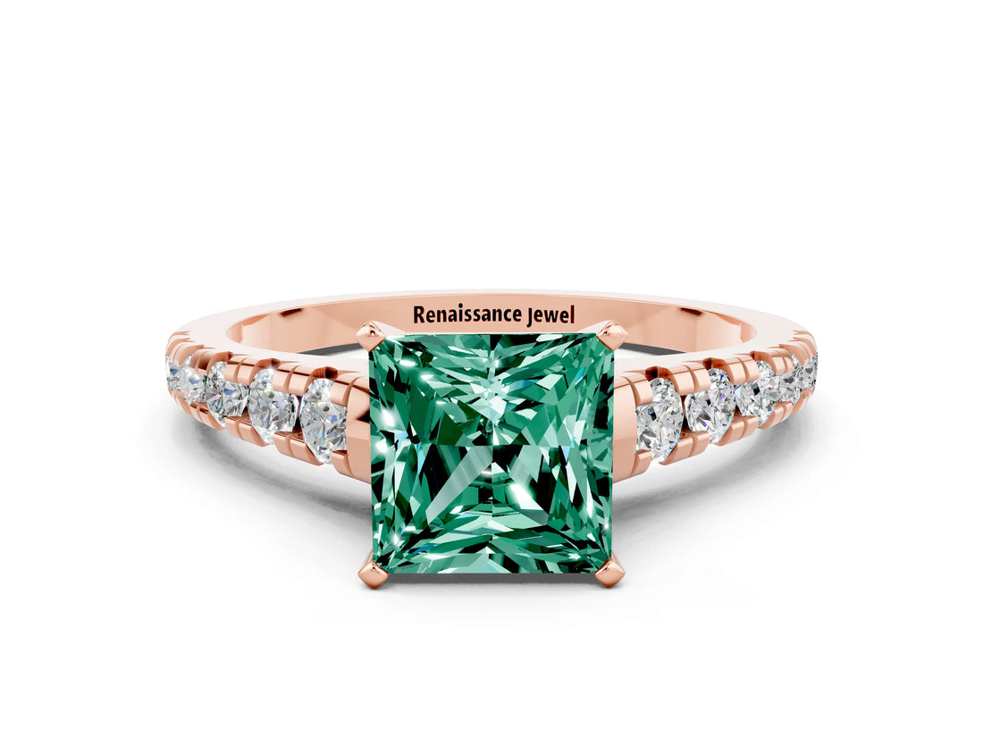 Rose gold Princess Cut Green Sapphire Solitaire Ring with Cathedral Setting and Pavé Band