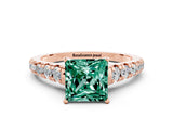 Rose gold Princess Cut Green Sapphire Solitaire Ring with Cathedral Setting and Pavé Band