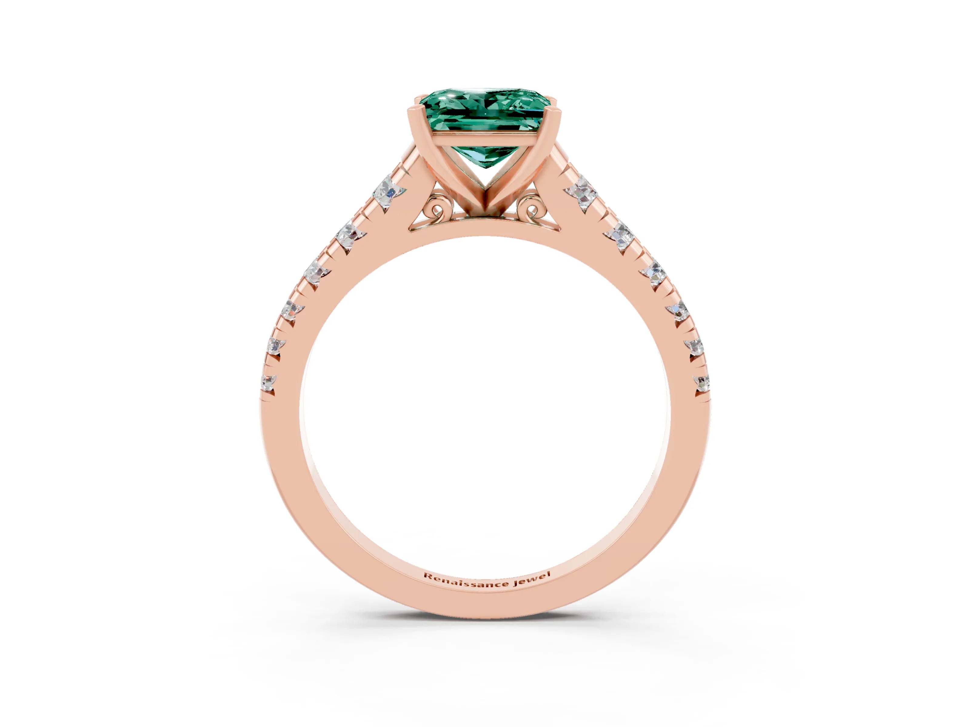 Rose gold Princess Cut Green Sapphire Solitaire Ring with Cathedral Setting and Pavé Band_3