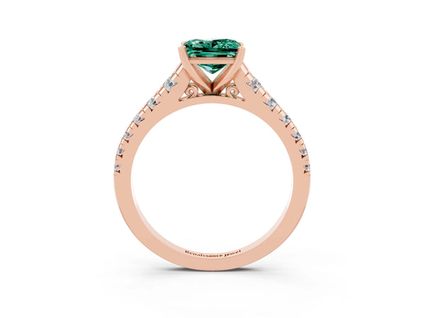 Rose gold Princess Cut Green Sapphire Cathedral Solitaire Ring with Round  Pavé Band
