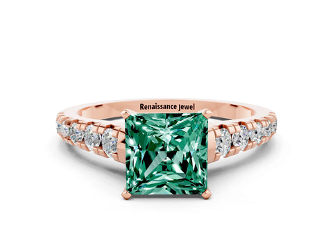 Rose gold Princess Cut Green Sapphire Solitaire Ring with Cathedral Setting and Pavé Band