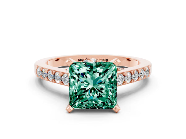 Rose gold Princess Cut Green Sapphire Solitaire Ring with Crossover Gallery and Round  Pavé Band