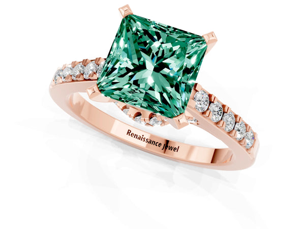 Rose gold Princess Cut Green Sapphire Solitaire Ring with Crossover Gallery and Round  Pavé Band