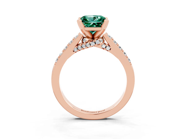 Rose gold Princess Cut Green Sapphire Solitaire Ring with Crossover Gallery and Round  Pavé Band
