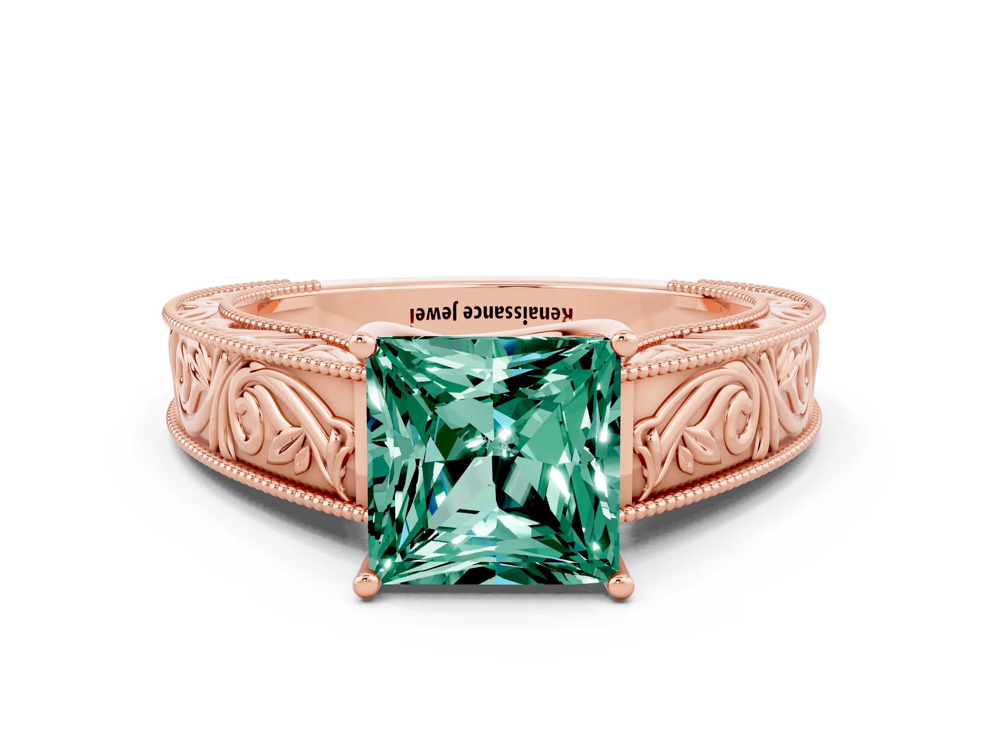 Rose gold Princess Cut Green Sapphire Solitaire Ring with Engraved Band and Four-Prong Setting