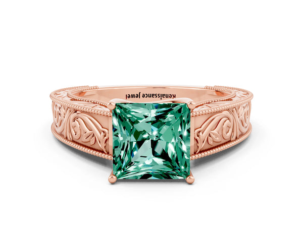 Rose gold Princess Cut Green Sapphire Solitaire Ring with Engraved Band and Four-Prong Setting