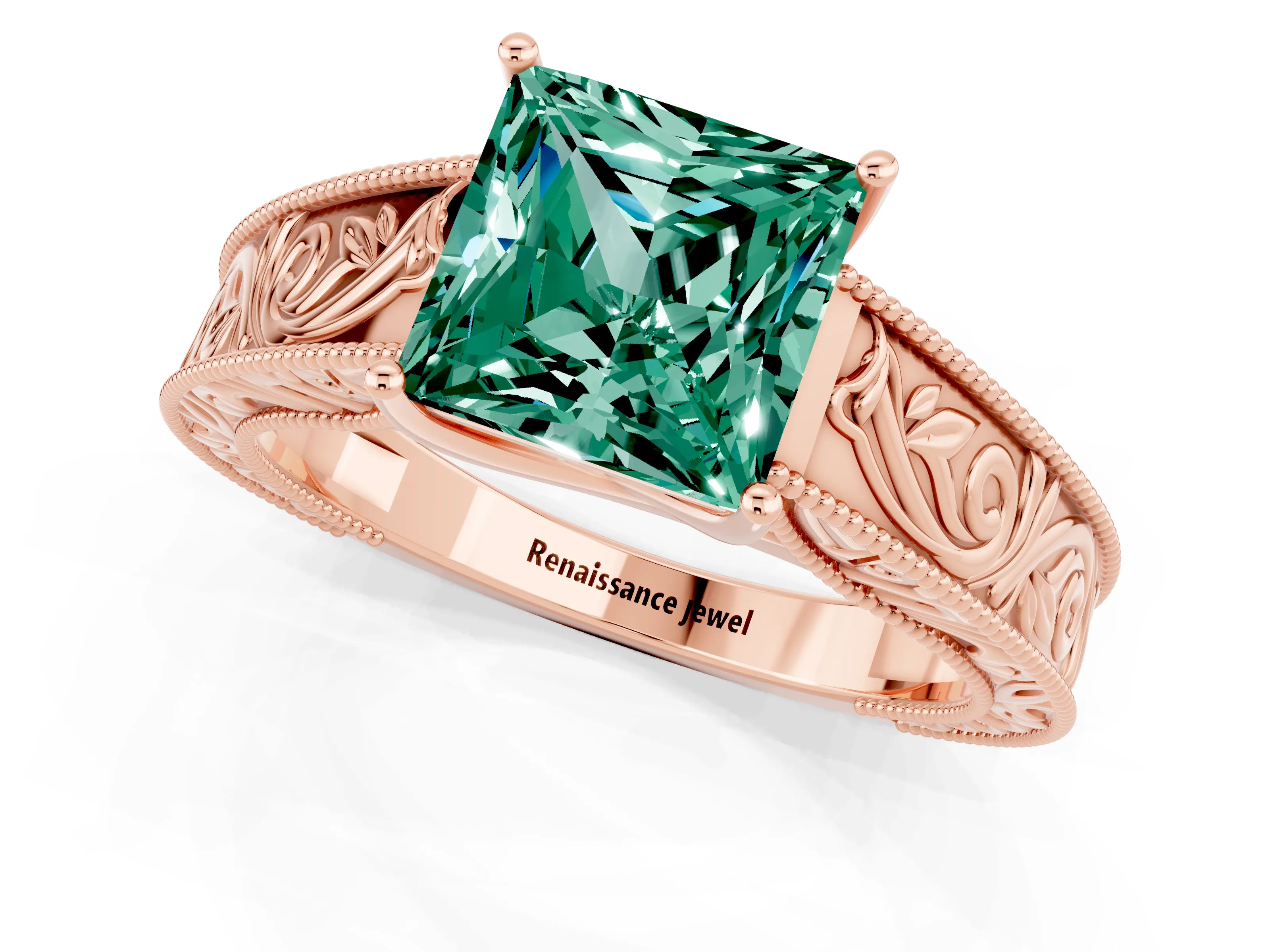 Rose gold Princess Cut Green Sapphire Solitaire Ring with Engraved Band and Four-Prong Setting_1