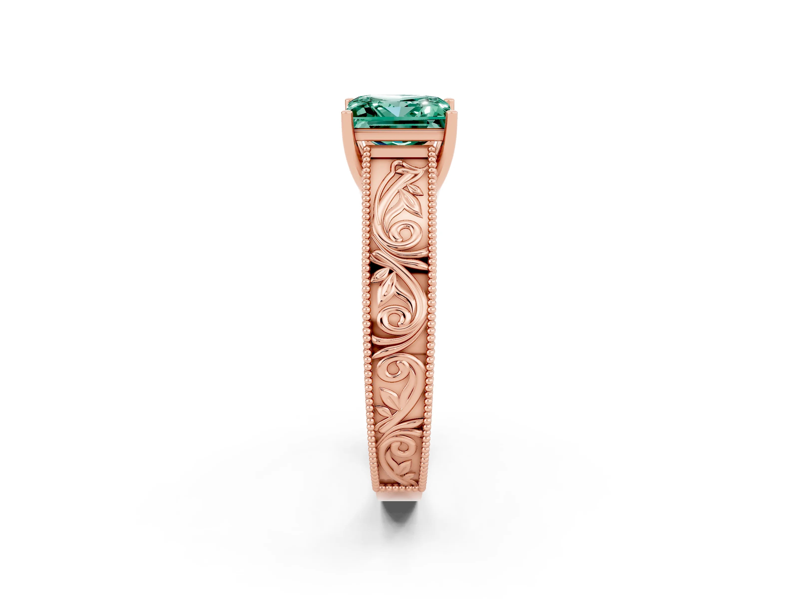 Rose gold Princess Cut Green Sapphire Solitaire Ring with Engraved Band and Four-Prong Setting_2