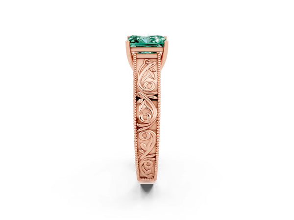 Rose gold Princess Cut Green Sapphire Solitaire Ring with Engraved Band and Four-Prong Setting