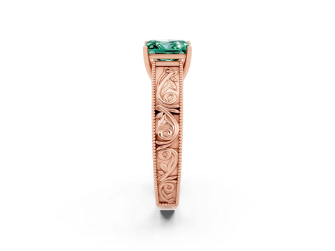Rose gold Princess Cut Green Sapphire Solitaire Ring with Engraved Band and Four-Prong Setting_2