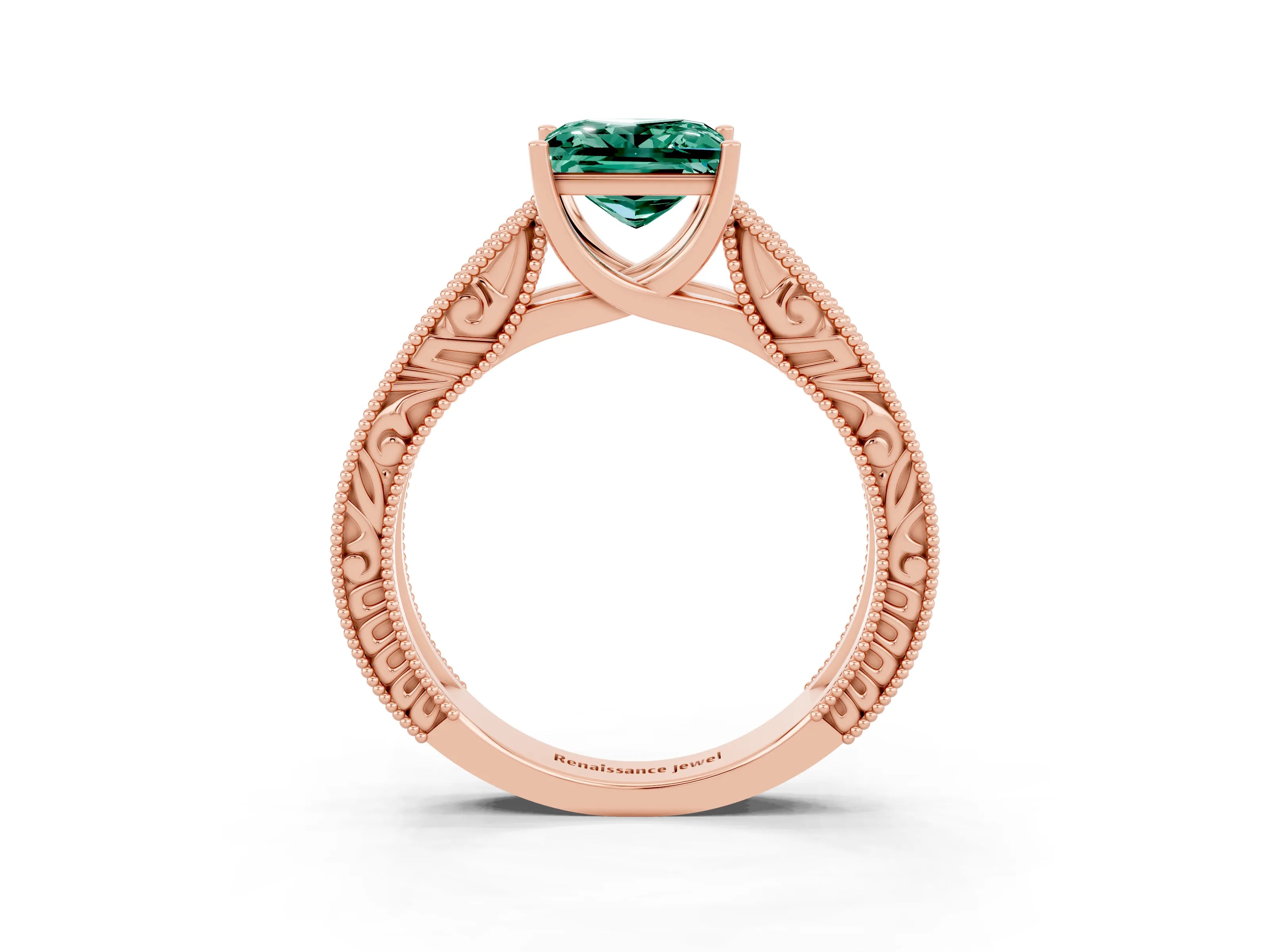 Rose gold Princess Cut Green Sapphire Solitaire Ring with Engraved Band and Four-Prong Setting_3