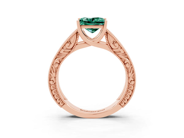 Rose gold Princess Cut Green Sapphire Solitaire Ring with Engraved Band and Four-Prong Setting