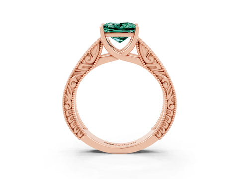 Rose gold Princess Cut Green Sapphire Solitaire Ring with Engraved Band and Four-Prong Setting_3