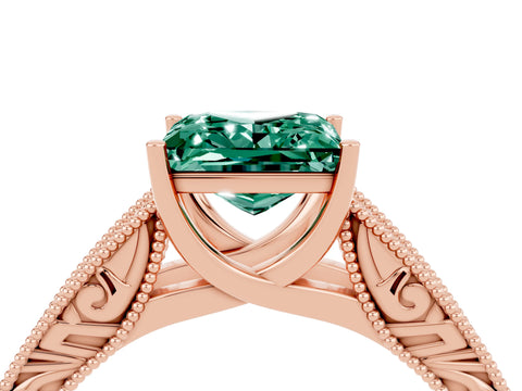 Rose gold Princess Cut Green Sapphire Solitaire Ring with Engraved Band and Four-Prong Setting_4