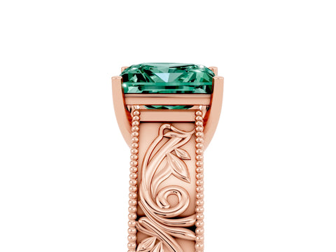 Rose gold Princess Cut Green Sapphire Solitaire Ring with Engraved Band and Four-Prong Setting_5