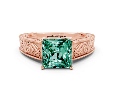 Rose gold Princess Cut Green Sapphire Solitaire Ring with Engraved Band and Four-Prong Setting