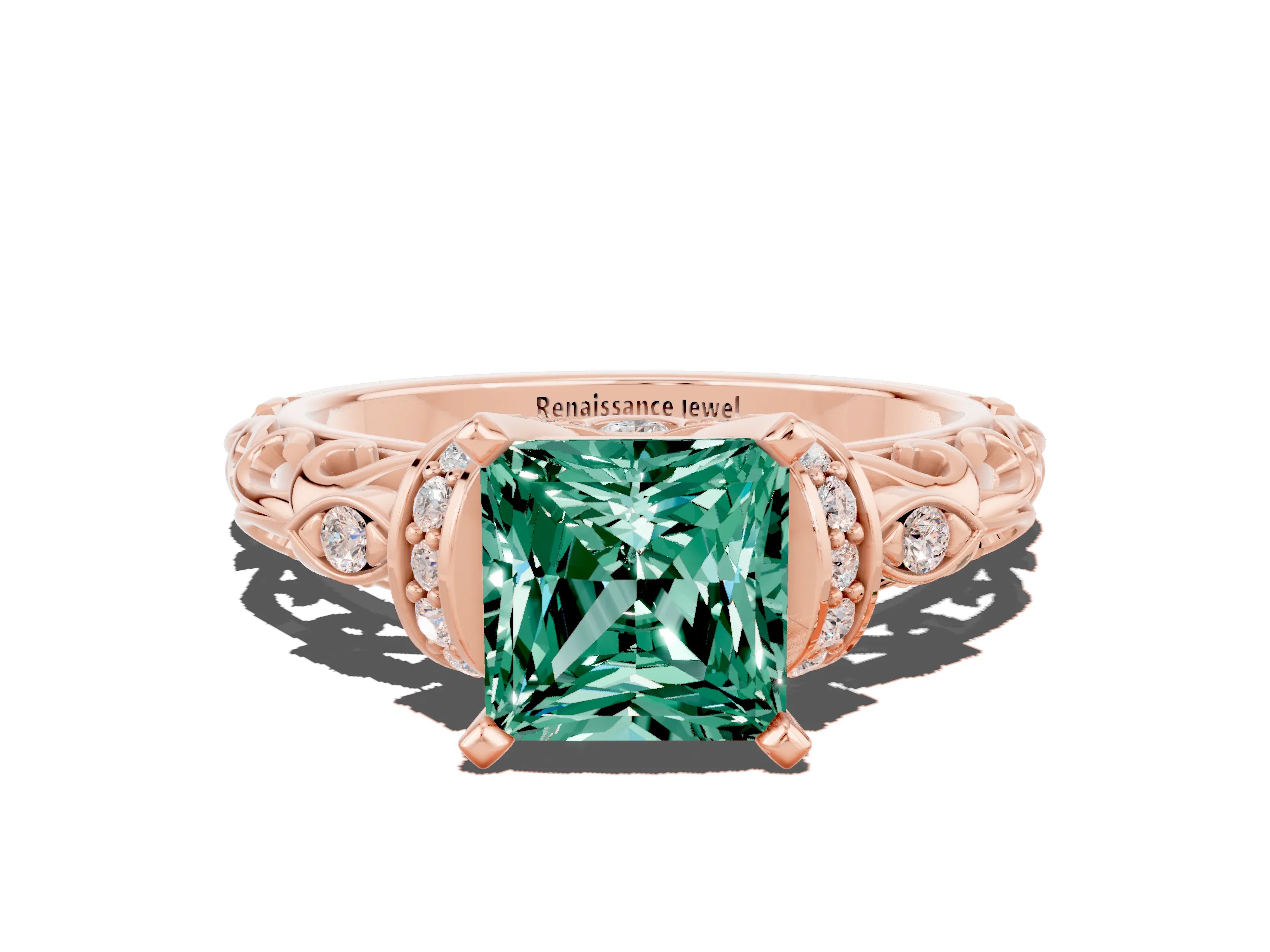 Rose gold Princess Cut Green Sapphire Solitaire Ring with Filigree Band and Four-Prong Setting_24