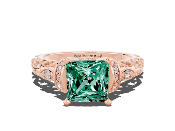 Rose gold Princess Cut Green Sapphire Solitaire Ring with Filigree Band and Four-Prong Setting