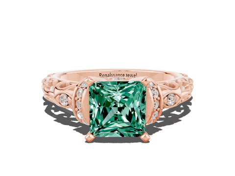 Rose gold Princess Cut Green Sapphire Solitaire Ring with Filigree Band and Four-Prong Setting_24