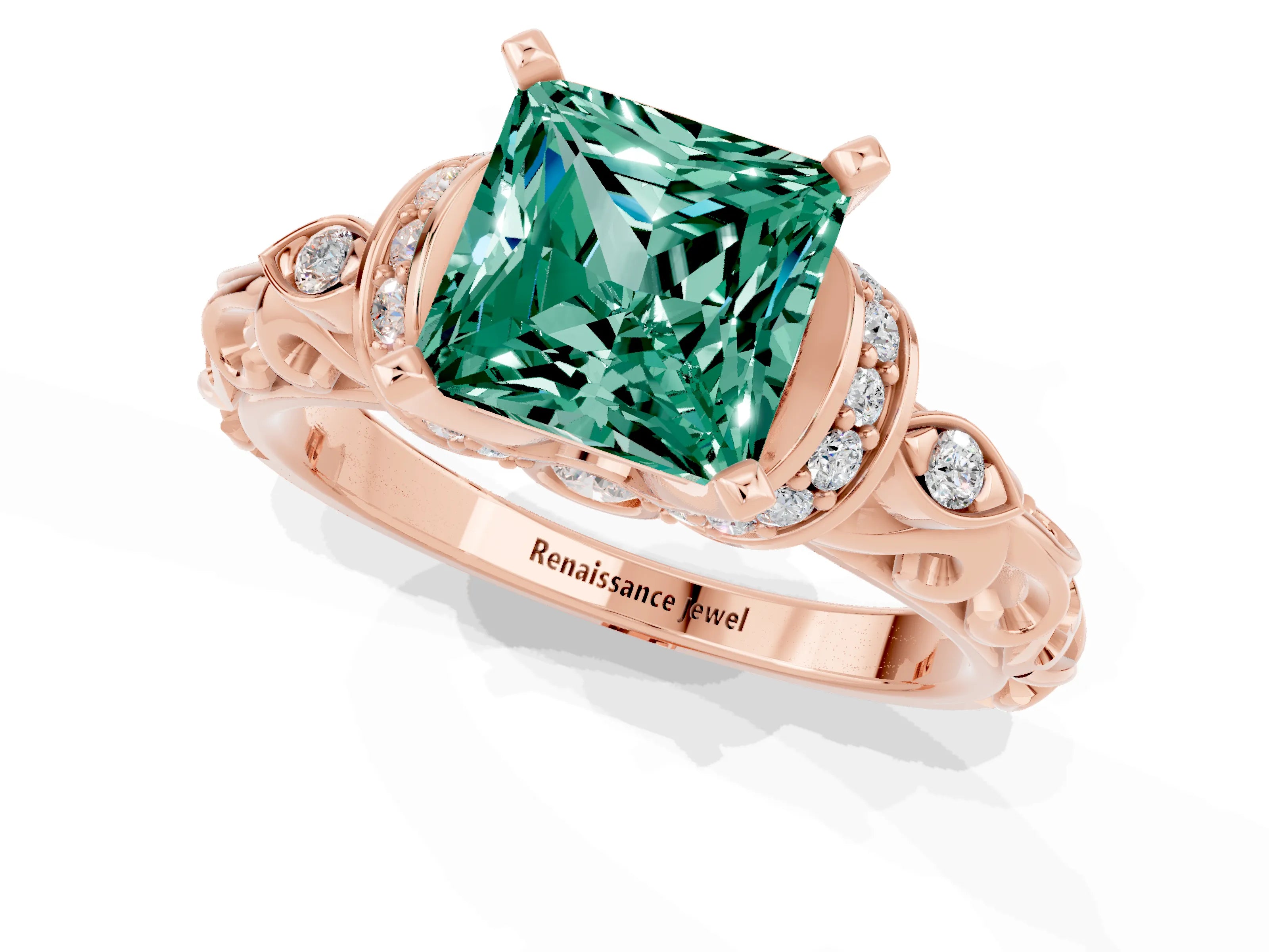 Rose gold Princess Cut Green Sapphire Solitaire Ring with Filigree Band and Four-Prong Setting_25