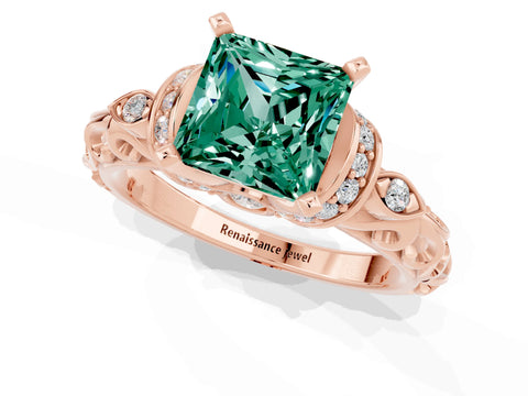 Rose gold Princess Cut Green Sapphire Solitaire Ring with Filigree Band and Four-Prong Setting_25