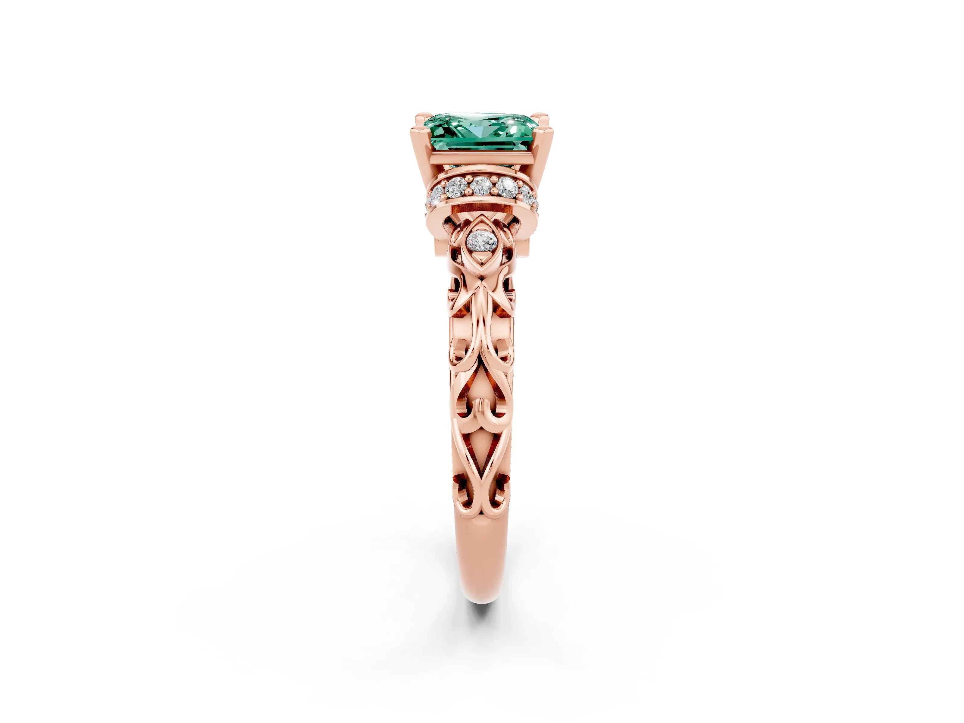 Rose gold Princess Cut Green Sapphire Solitaire Ring with Filigree Band and Four-Prong Setting_26
