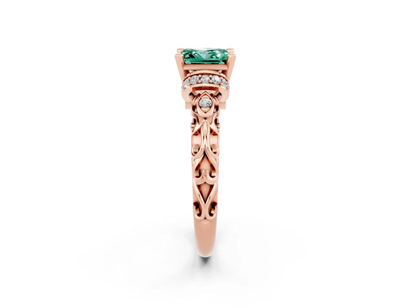 Rose gold Princess Cut Green Sapphire Solitaire Ring with Filigree Band and Four-Prong Setting