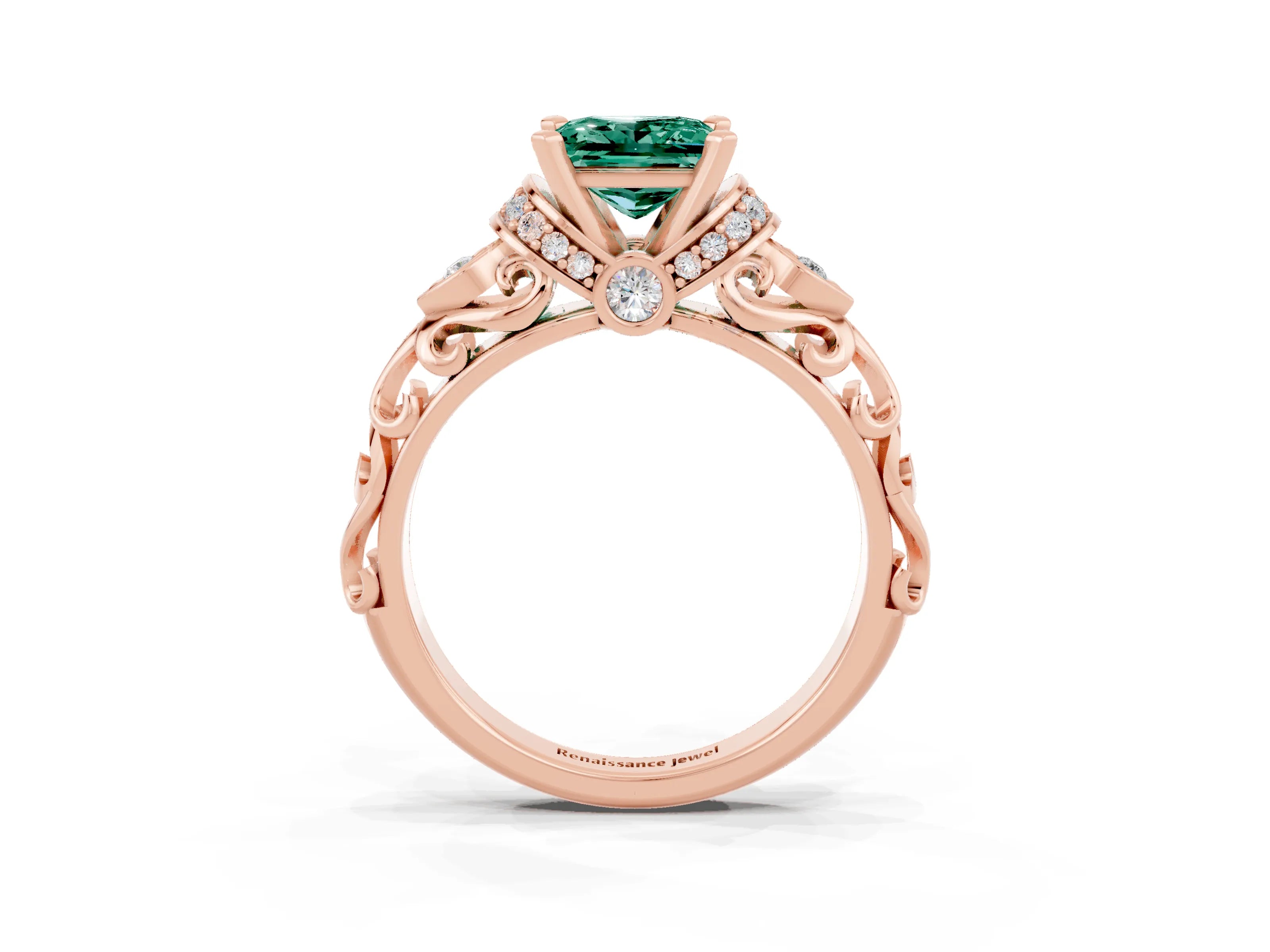 Rose gold Princess Cut Green Sapphire Solitaire Ring with Filigree Band and Four-Prong Setting_27