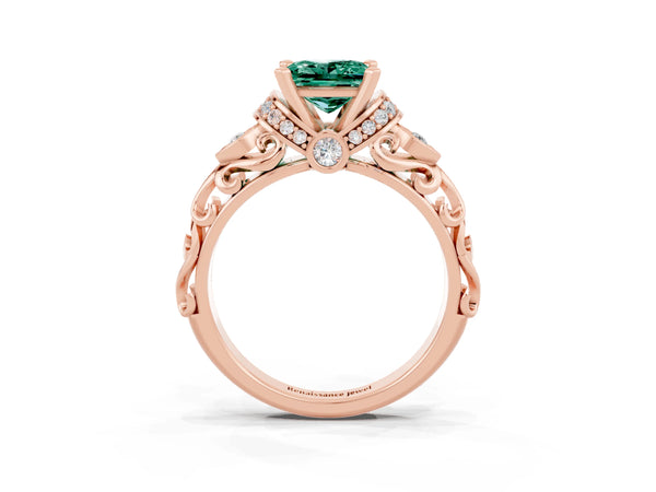 Rose gold Princess Cut Green Sapphire Solitaire Ring with Filigree Band and Four-Prong Setting