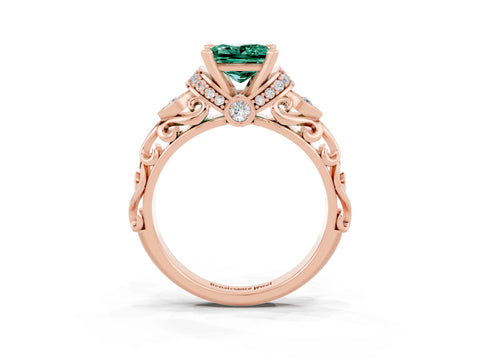 Rose gold Princess Cut Green Sapphire Solitaire Ring with Filigree Band and Four-Prong Setting_27