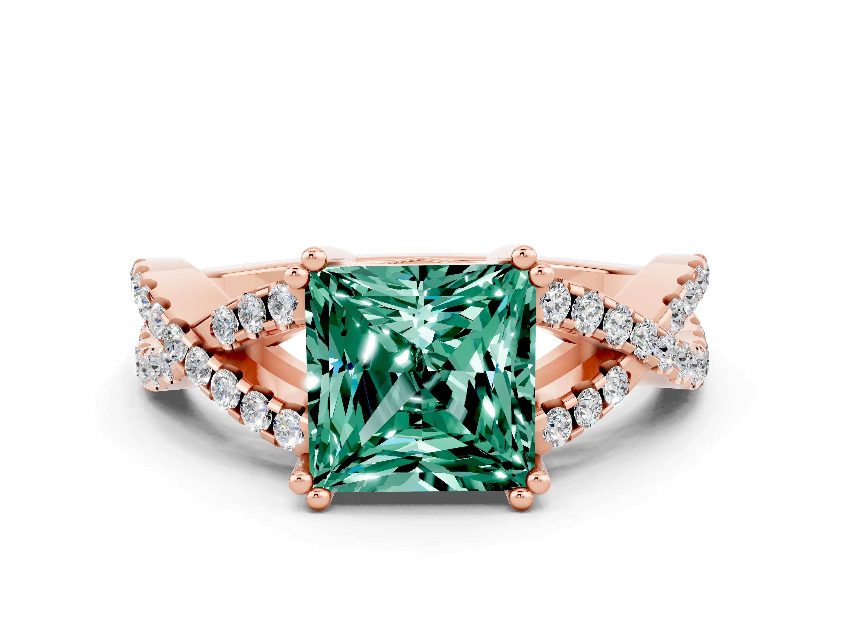 Rose gold Princess Cut Green Sapphire Solitaire Ring with Four-Prong Setting and Twisted Pavé Band