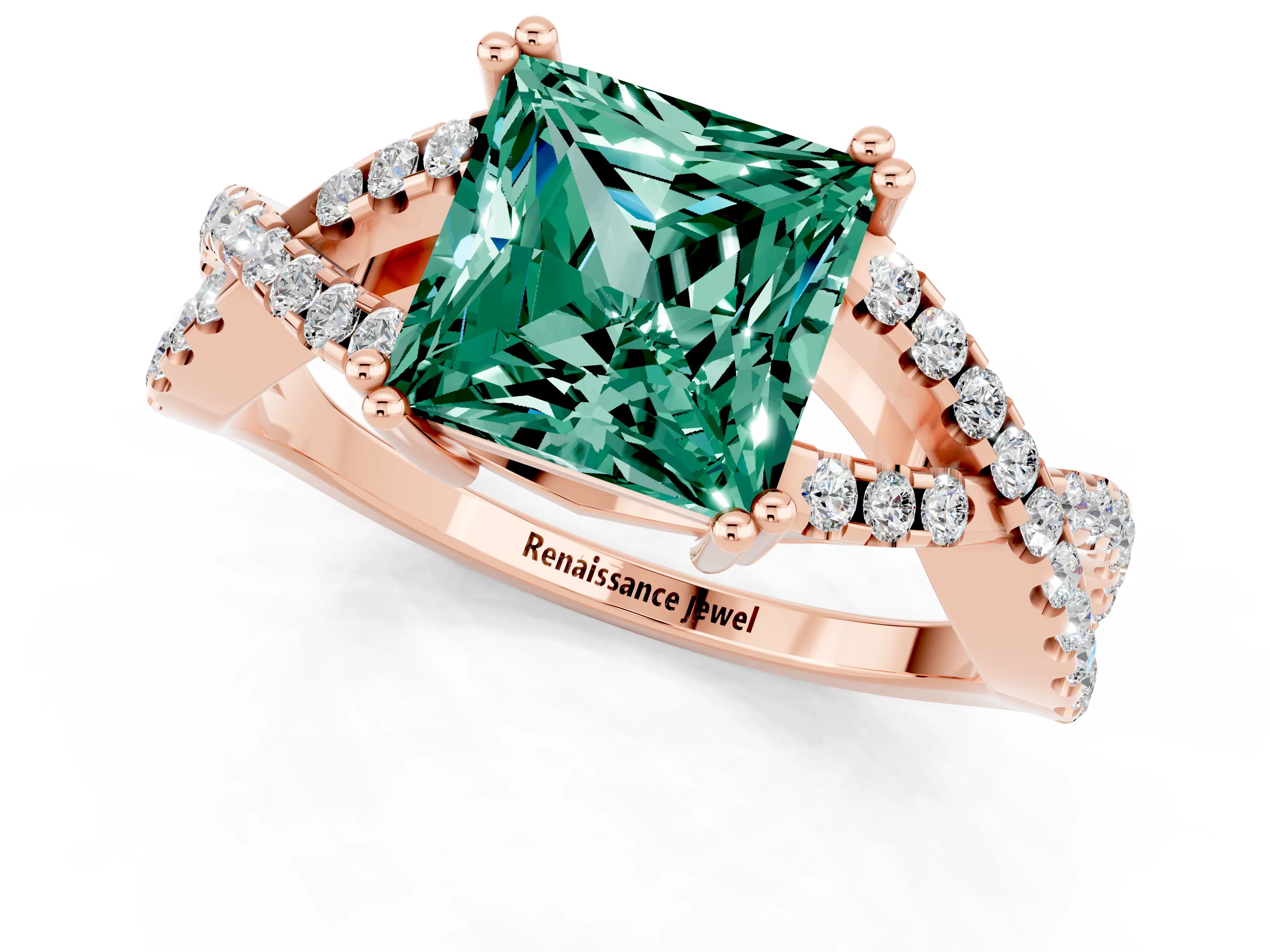 Rose gold Princess Cut Green Sapphire Solitaire Ring with Four-Prong Setting and Twisted Pavé Band_1