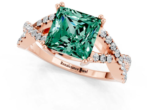 Rose gold Princess Cut Green Sapphire Solitaire Ring with Four-Prong Setting and Twisted Pavé Band_1