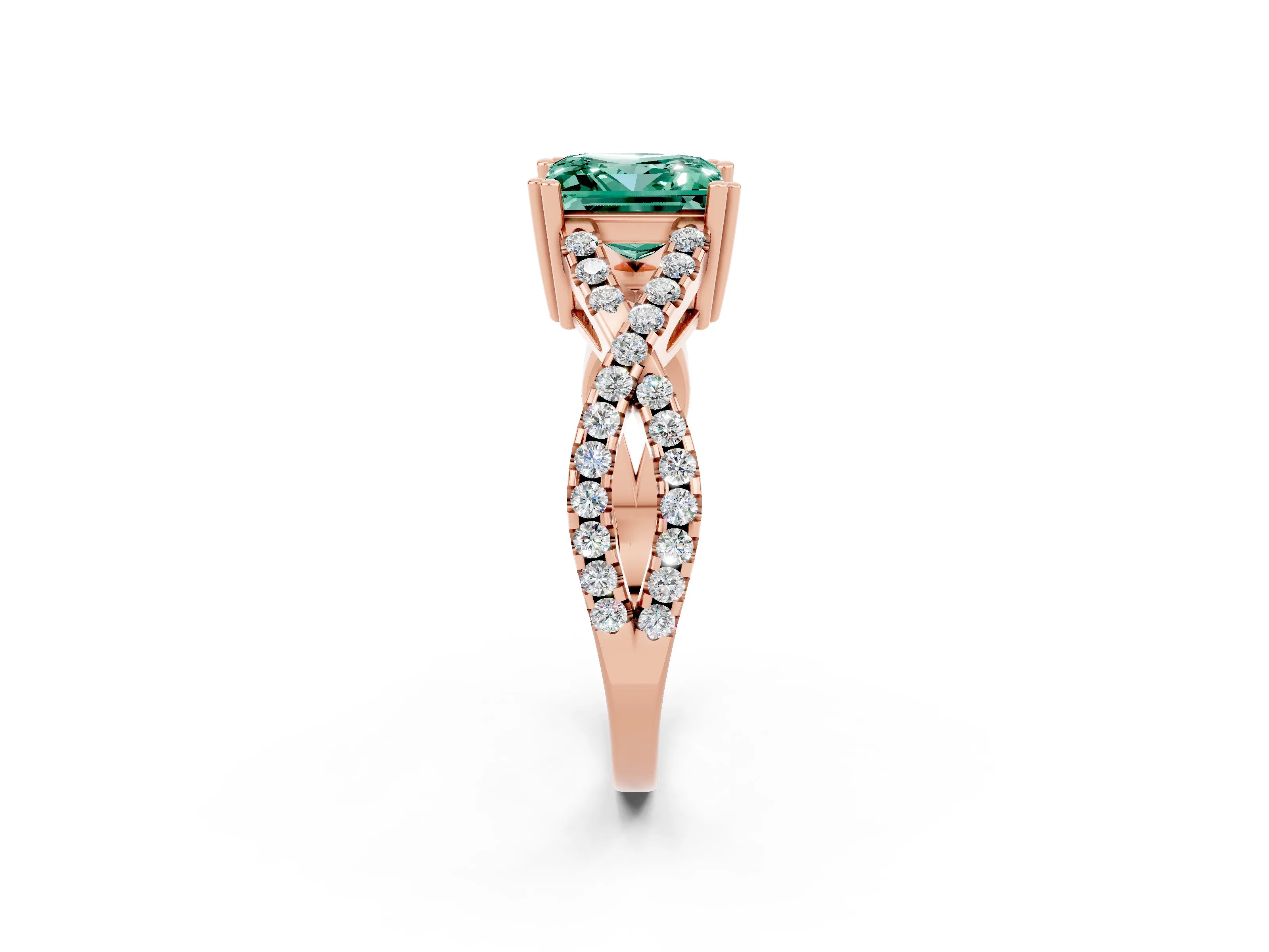 Rose gold Princess Cut Green Sapphire Solitaire Ring with Four-Prong Setting and Twisted Pavé Band_2